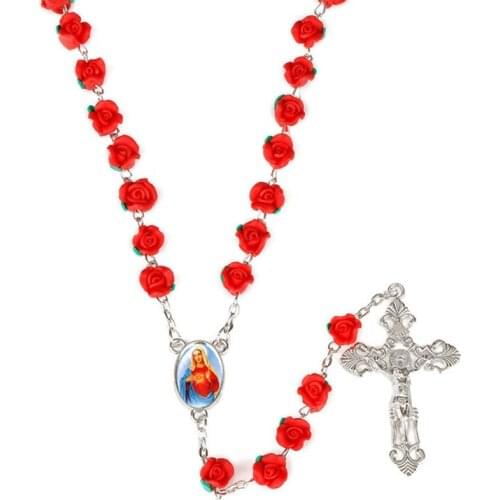 New Arrival 8mm Polymer Clay Rose Beads Rosary Catholic Religious Cross Necklace With Holy Soil Medal Crucifix Prayer Jewelry
