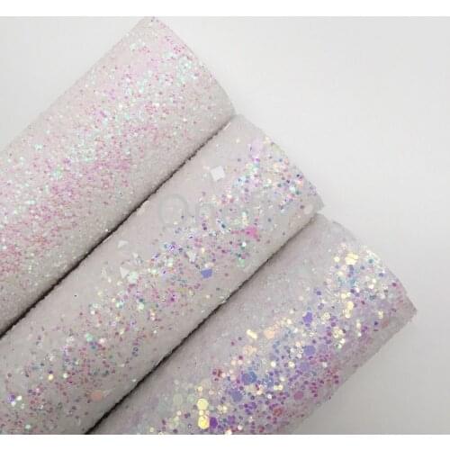 Onefly White with PINK Chunky Glitter Leather, Faux Leather Glitter Fabric Sheets For Bow DIY handbags shoes AF016