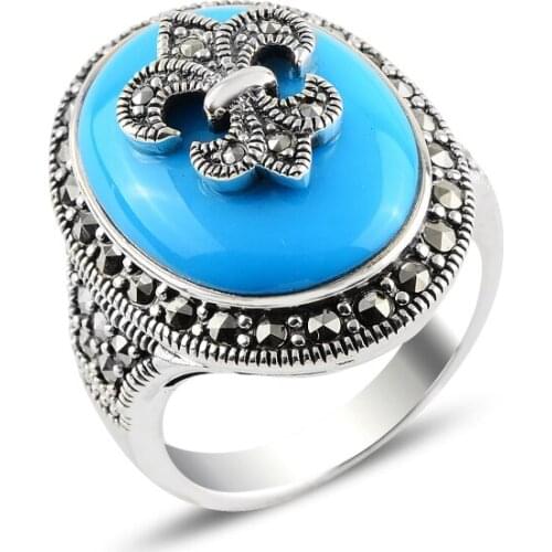 Silver 925 Sterling Turquoise & Marcasite Ring