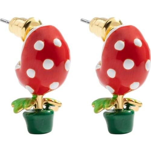 Cartoon Piranha Flower Earrings For Women Fashion Jewelry Enamel Plant Cute Speckle Ears Good Gift