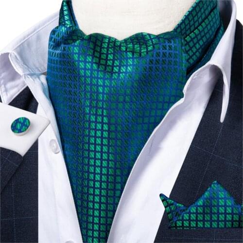Mens Vintage Green Blue Check Silk Necktie Cravat Ascot Tie Handkerchief Set Self Tied Wedding Ascot Scrunch Necktie DiBanGu