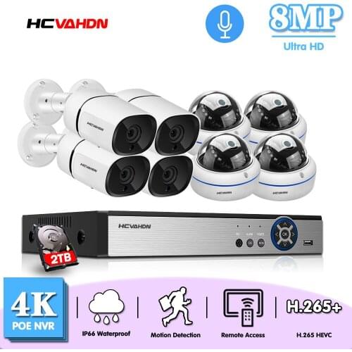 HCVAHDN 4K Security CCTV System 8CH POE NVR 8MP IMX415 Outdoor Waterproof POE Audio IP Camera H.265 Video Surveillance Kit