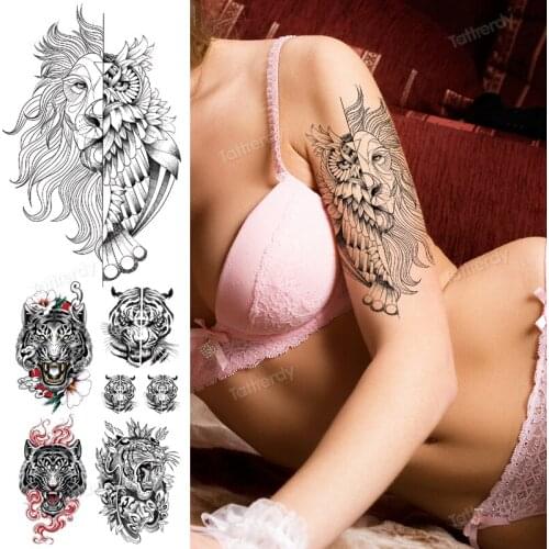 Anime lion tiger temporary tattoo sticker black arm sleeve tattoo water transfer sexy body art snake dragon tatoo fake big decal
