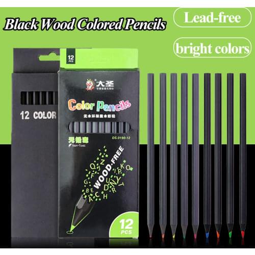 High Quality Black Wood Colored Pencils 12 Colors Students Black Wooden Pencils Art Drawing Painting Sketch Stationery Supplies