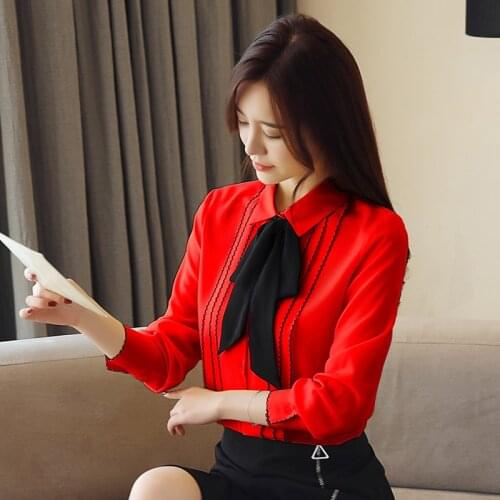 Front bow tie Long-sleeved chiffon shirt spring New Womens clothing solid White red shirt Womens bottom Blouses shirt 683A7