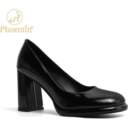 Chunky Heels Shoes woman 2021 spring Classic Pumps Genuine Leather Black office lady Slip On High heel Shoes Phoentin FT1352