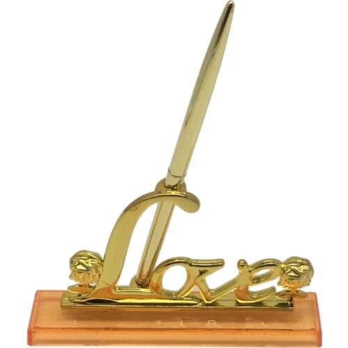 White Feather Signing Pen with Gold Plated Metal Love Holder Wedding Pen Set