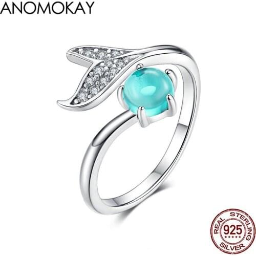 Anomokay Classic Blue Zircon Ocean Mermaid Ring 925 Sterling Silver Tear Fish Tail Rings for Women Open Resizable Ring Jewelry