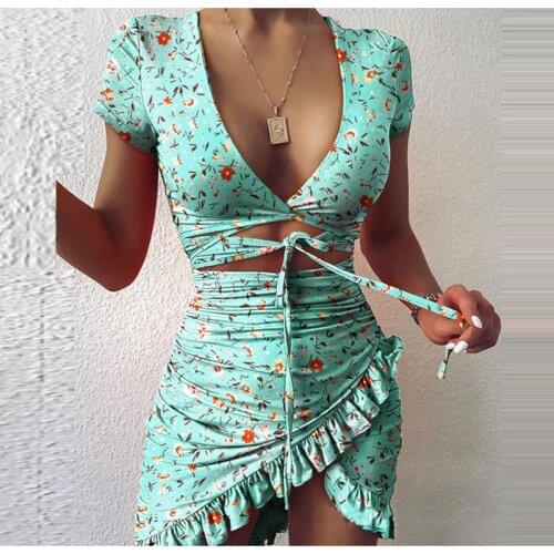 Summer Womens Dress 2021 Floral Print Casual Short Sleeve V Neck Sexy Beach Sundress Lace Pleated Print Ruffles Vestidos