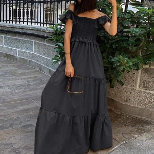 Women Summer Dress Vintage Solid Color Long Maxi Vestido Summer Party Black Maxi Long Dresses 2021 VONDA Casual Vestidos S