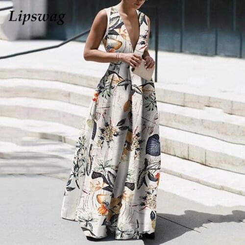 Women Party Dresses Elegant Vintage Floral Print Maxi Dress Fashion Sexy Deep V-Neck Sleeveless Hem Pleated Long Dress Vestidos