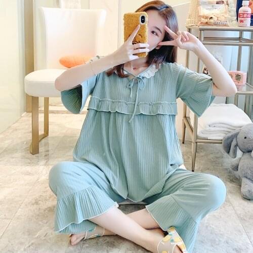 100% Cotton Thin Maternity Nursing Sleepwear Suit Summer Plus Size Loose Breastfeeding Clothes Sweet Pregnancy Sleep Lounge Wear