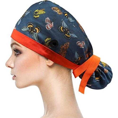 2021 Cute Print Women Nurse Hat Cotton Scrub Cap With Buttons Bouffant Hat With Sweatband for Womens and Mens Nurse Accessories