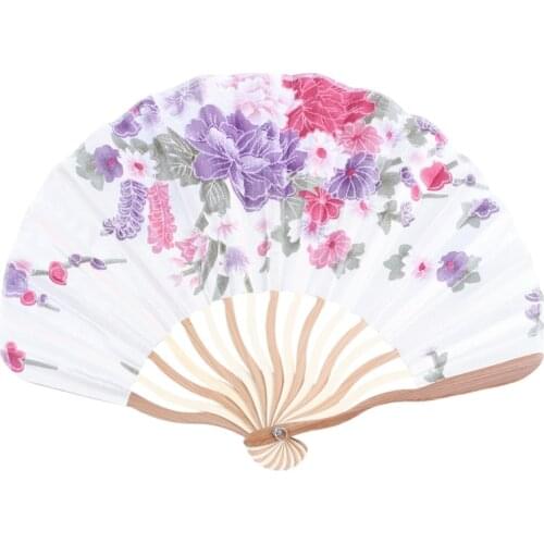 Bamboo Flower Printed Japanese Style Foldable Hand Held Fan Gift Decor