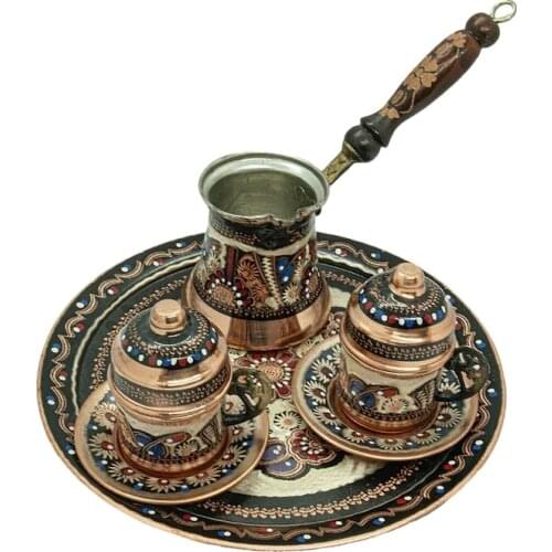 Luxury Turkish Coffee & Espresso Copper Coffee Pot 2 Pcs Cups and 1 Piece Tray Traditional Stylish Design Gift For New House