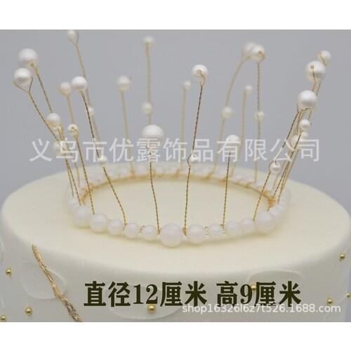 Metal Pearl Princess Crown Cake Topper Shiny Pearls Headdress Wedding&Engagement Cake Decora Birthday Topper Handmade