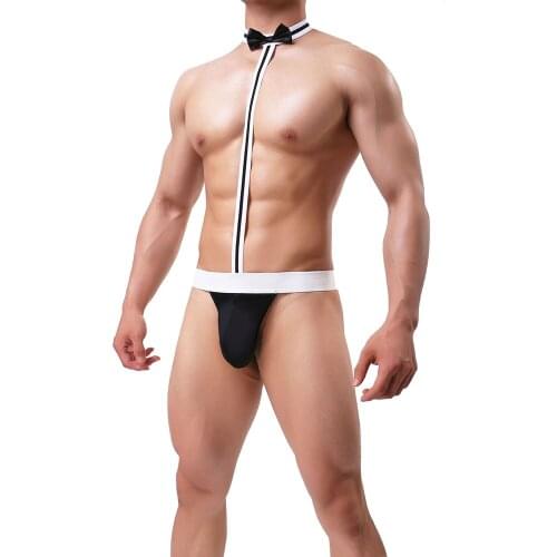 Mens Sexy Underwear Bow Tie Stretch One-piece Thong Porno Waiter Wear Cosplay Bodysuit Erotic Tie Man sex Panties Black