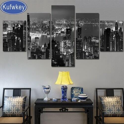 5 Piece Black White City Night Scenery 5d diy diamond embroidery full round diamond mosaic Diamond Painting Cross Stitch Multi