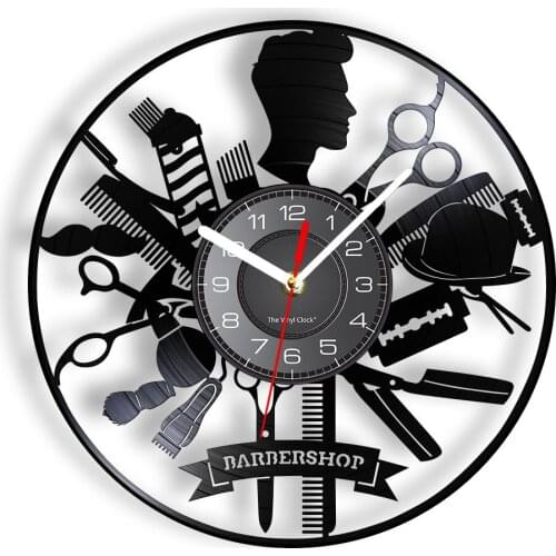 Barber Tools Wall Clock Made Of Vinyl Album Record Hairdressing Tool Modern Designed Color Changing Wall Light Barber Shop Decor