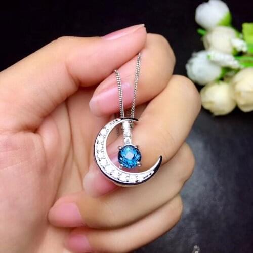 Natural blue topaz gem pendant S925 silver Natural gemstone Necklace trendy grace Moon Bend two uses women girl fine jewelry