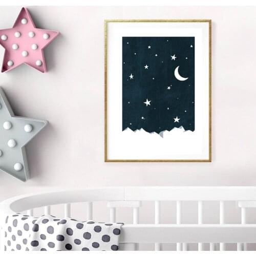 Night Sky Art Prints Moon and Stars Nursery Wall Art Canvas Painting Mountains Night Sky Nordic Wall Picture Kids Room Decor