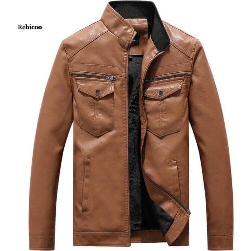 Mens New Leather Clothing with Stand Collar Youth Casual Motorcycle Warm with Velvet Leather Jacket
