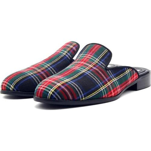New arrival fashion slipper shoes for men print embroider mules retro plaid casual men shoes