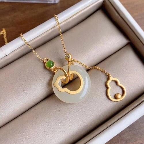 S925 Sterling Silver Gold-Plated Gourd Natural Hetian White Jade Peace Buckle Jade Pendant White Jade Clavicle Chain Necklace Fe