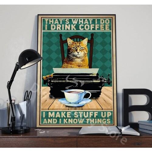 Retro Coffee Poster Cat Animal Canvas Painting Posters and Prints Wall Pictures for Home Decor Cuadros