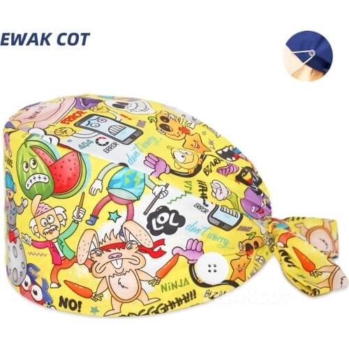 Best scrub hats with buttons cotton anime printed nursing hat high quality adjustable sweat-absorbent elastic scrubs cap unisex