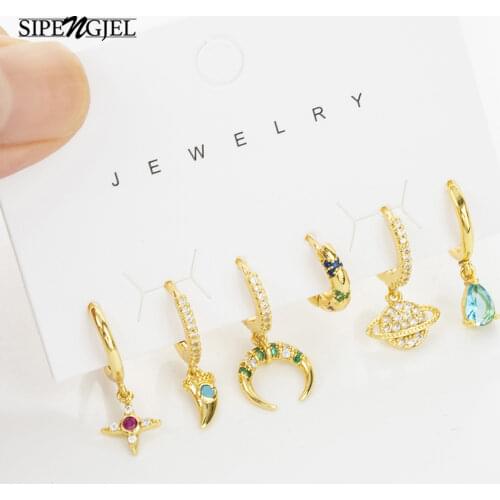 SIPENGJEL Fashion New Star Mon Hoop Earrings Set 6 Pcs Colorful Rainbow Zircon Huggie Earrings For Women Jewelry Gift