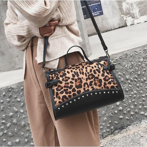 PU Rivet Leopard Totes Handbag Women Solid Shoulder Bag Patchwork Crossbody Bag Zipper Large Capacity