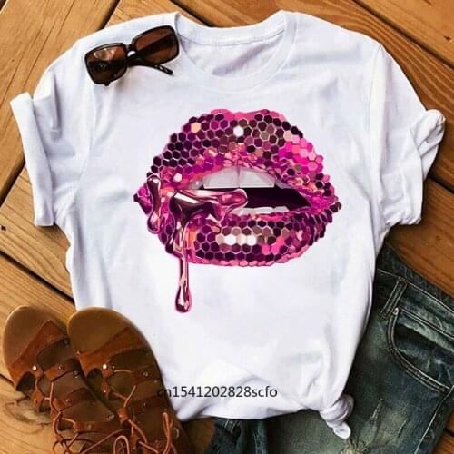 Loose Women Tshirt Sequins Shiny Lip Print Women T Shirt Short Sleeve O Neck Ladies Tee Shirt Tops Clothes Camisetas Mujer