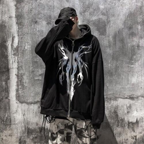 Punk Graphic Print Ribbon Harajuku Hoodie Men Oversize Casual Black Cool Gothic Coat Zipper Fashion Sweatshirt Streetwear Autumn