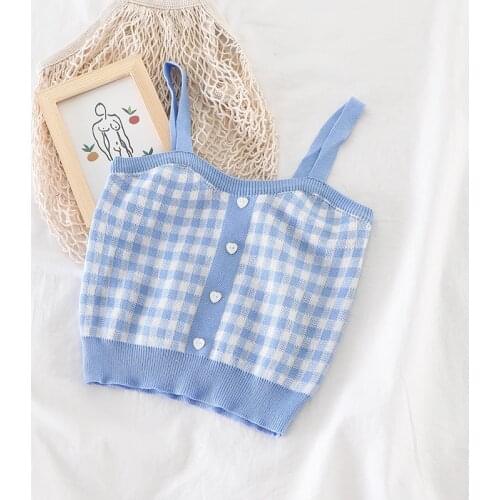 Tops Women Plaid Tanks Tops With Buttons Sexy Bare Midriff Knitted Tops Women Sleeveless Summer Cute Crop Tops For Women