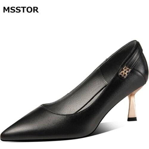 Pointed Toe High Heels Shoes Women Genuinr Leather Fashion Office Party Autumn Spring Woman Pumps Solid Black Elegant