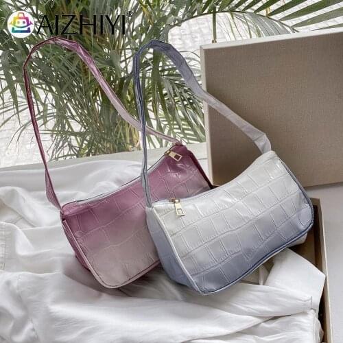 Vintage Women PU Leather Gradient Color Shoulder Underarm Bag Casual Ladies Stone Pattern Small Handbags Purse
