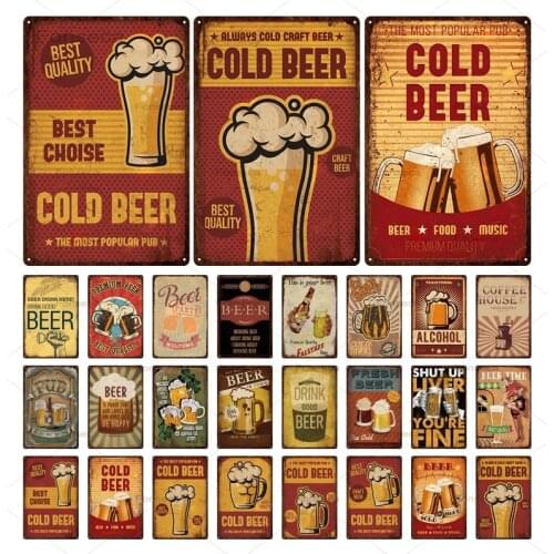Cold Beer Vintage Tin Sign Metal Poster Plaque Wall Art Decor for Man Cave Bar Pub Club Beer House Home Decoration Iron Painting
