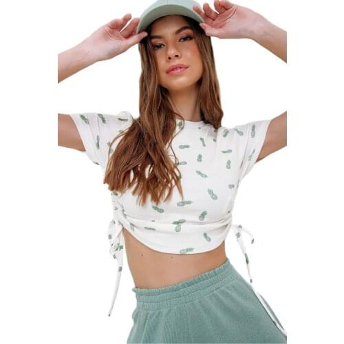 Summer Sexy Womens Drawstring SlimT-shirt 2021 O-neck Short Sleeve Side Pleated Patterned Crop Fit Blouse Top Fashion блузка