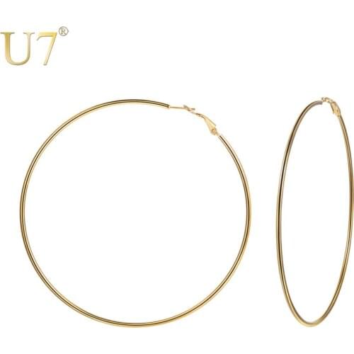 U7 Big Hoop Earring for Women Simple Round Oversize Circle Earrings Brincos Jewelry Stainless Steel Ear Clip 10cm Diameter E1010