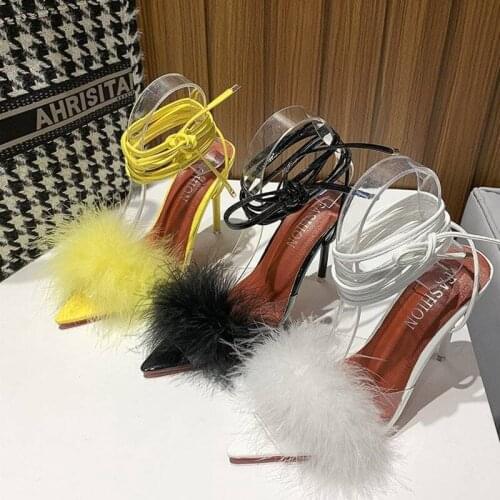 2021 Summer New High Heels Womens Shoes Sandals PVC Transparent Feather Crystal High Heels Fur Pointed Toe Womens Sandals