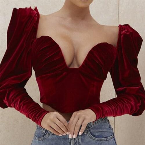 Velvet Backless Women Crop Top Solid Color V Neck Ruched Puff Sleeve New Spring Streetwear Female Sexy Slim Vintage Top
