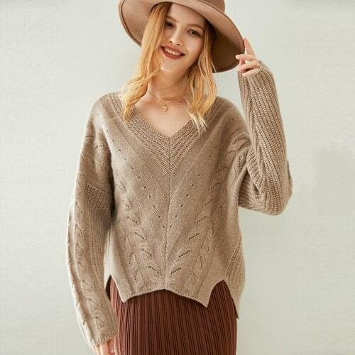 2020 Autumn Winter Pure Cashmere Sweater Womens Lazy wind V-neck Hollow knit Thick Pullover Knitted Sweater