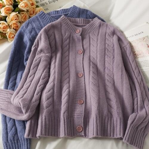 Retro Solid Twist Knitted Sweater Cardigan Women Autumn Fashion Loose Korean Single Breasted Causal Preppy Style Jumpers