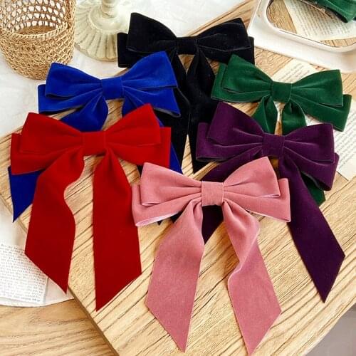 1Pc Vintage Velvet Large Bow Hair Clip Long Ribbon Side Hairpins For Women Girls Wedding Barrette Decorate Headwear Accessories