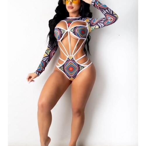2021 Yiiciovy Women Sexy One-piece Swimsuit Hollow Out Printed Long Sleeve Round Neck Swimwear Ladies Beach Monokini Swimwears