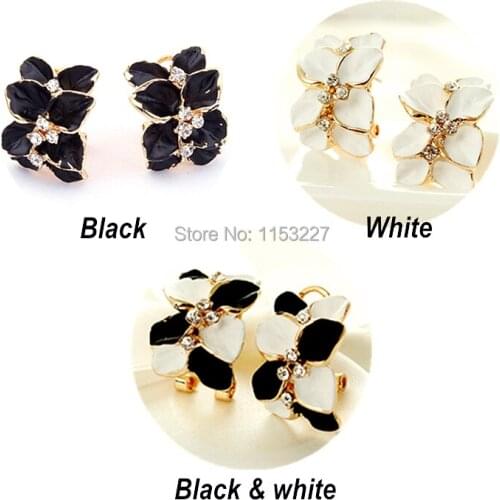 HOT New arrival diamante Plated black white enamel Women Ladies accessories gold flower stud earring Brincos Wholesale
