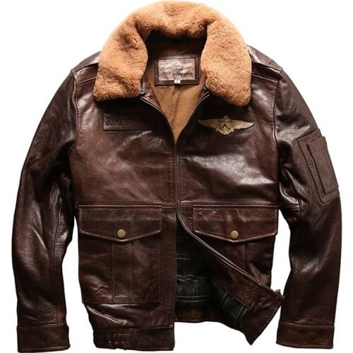 Air force flight G1 pilot warm fur collar leather jacket genuine cow leather clothing thick cowhide rider jacket