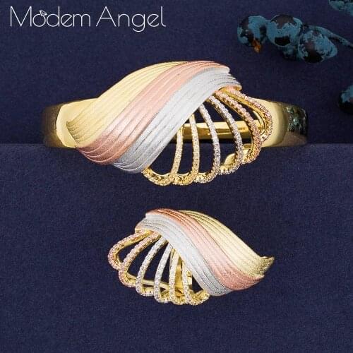 ModemAngel Luxury DUBAI Cubic Zirconia Bangle Ring Sets Nigerian Birdal Jewelry Sets For Women African Beads Jewelry Sets