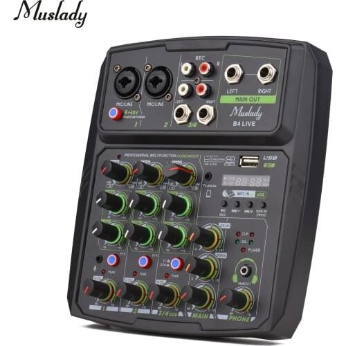Muslady 4-Channel Audio Mixer Mixing Console LED Screen Built-in Soundcard USB BT Connection with 2-band EQ Gain Delay